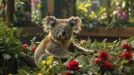 A koala serenely hosts a tea ceremony with eucalyptus tea, merging cultural exchange, relaxation, and boutique cafe hospitality.