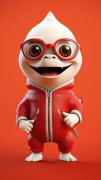A cartoonish looking creature in a red jacket and glasses is smiling. The image has a playful and lighthearted mood