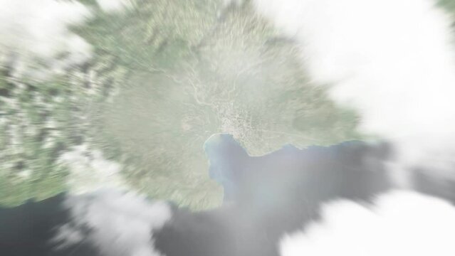 Earth zoom in from space to Jacmel, Haiti. Followed by zoom out through clouds and atmosphere into space. Satellite view. Travel intro. Images from NASA