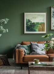 Modern Living Room with Green Walls and Artwork Generative AI