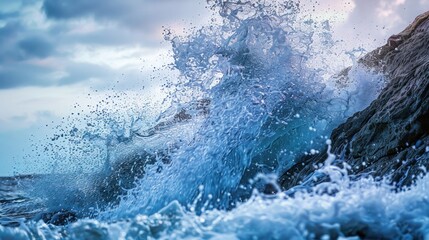 A wave crashes against a rocky shoreline, water splashing upwards, with a dramatic sky in the background.