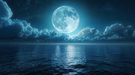 Full moon over the peaceful sea. Night sky with big blue moon rises among clouds