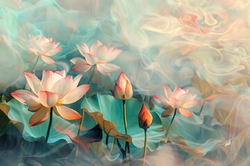 : A tranquil, abstract lotus garden, blossoming in the soothing light, unfolding the intricacies of a delicate and natural harmony.