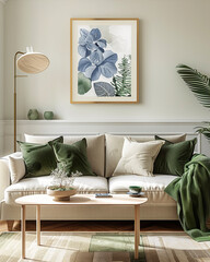 a framed art print on the wall above of an elegant sofa with green and white pillows, green throw blanket on the sofa, a coffee table in front of it with plants, modern style, natural lighting, inviti