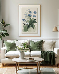 a framed art print on the wall above of an elegant sofa with green and white pillows, green throw blanket on the sofa, a coffee table in front of it with plants, modern style, natural lighting, inviti