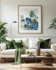 a framed art print on the wall above of an elegant sofa with green and white pillows, green throw blanket on the sofa, a coffee table in front of it with plants, modern style, natural lighting, inviti