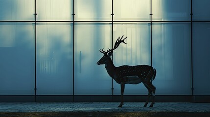 Silhouette of an antelope against a sleek, modern building, embodying elegance and sophistication in luxury brands and high-end services. - obrazy, fototapety, plakaty