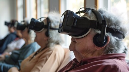 Group of people experiencing virtual reality with headsets and headphones. Mixed ages engaged in immersive technology, focus on an elderly person.