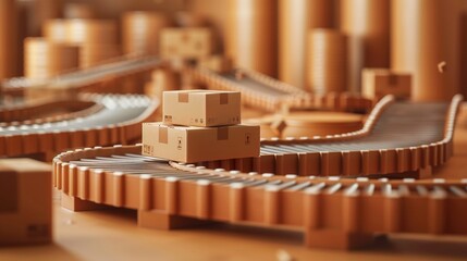 A clay-rendered conveyor belt with boxes symbolizing production and logistics