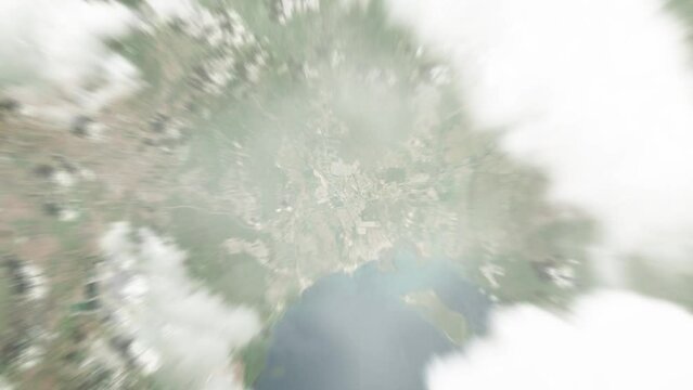 Earth zoom in from space to Old Harbour, Jamaica. Followed by zoom out through clouds and atmosphere into space. Satellite view. Travel intro. Images from NASA