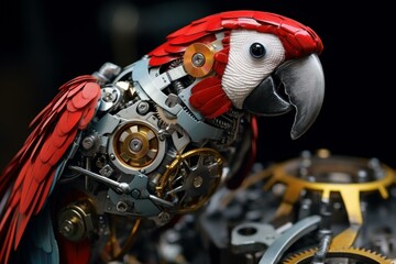 Fototapeta premium Robotic Steelpunk mechanical parrot. Art bird. Generate Ai