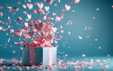 Front view of lots of pink hearts coming out of a present box