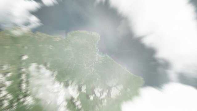 Earth zoom in from space to Port Maria, Jamaica. Followed by zoom out through clouds and atmosphere into space. Satellite view. Travel intro. Images from NASA