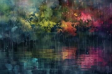 : A tranquil, abstract rainstorm, pouring gently over a lush landscape, shaping a vibrant scene of...