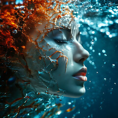 underwater portrait. Fire and Water. Cracked porcelain mask, water flames lick a woman's face, surreal depths whisper secrets. Fractured beauty, ethereal dance.myths reborn. Close-up mystery, blurred
