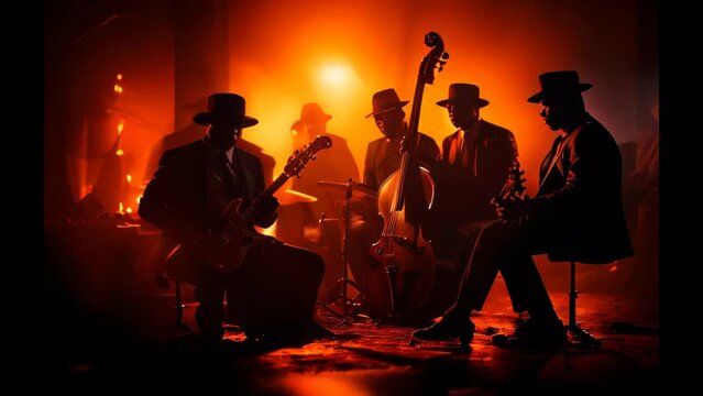 Musical concert by a jazz band on a stage with guitars on a summer night.
