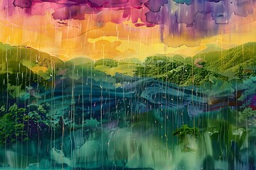 : A tranquil, abstract rainstorm, pouring gently over a lush landscape, shaping a vibrant scene of color and harmony.