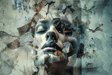 A mans face is visible through fragmented and shattered glass, symbolizing a distorted perception of reality - obrazy, fototapety, plakaty