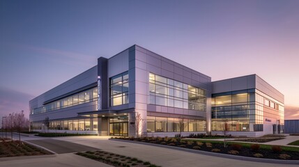 Modern office building at twilight with illuminated interior windows, landscaped surroundings, and an empty parking lot.