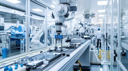 Automated robotic arm working in a modern manufacturing unit with technicians overseeing the production process in a cleanroom environment.