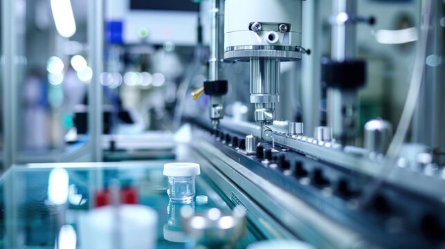 Pharmaceutical production line: Automated machinery filling medical containers in a sterile and high-tech manufacturing environment. Precision and cleanliness emphasized.