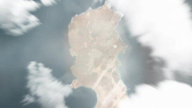 Earth zoom in from space to Espargos, Cabo Verde. Followed by zoom out through clouds and atmosphere into space. Satellite view. Travel intro. Images from NASA