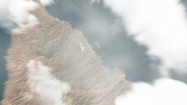 Earth zoom in from space to Calheta de Sao Miguel, Cabo Verde. Followed by zoom out through clouds and atmosphere into space. Satellite view. Travel intro. Images from NASA