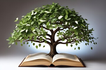 Conceptual art of a tree with book leaves sprouting from an open book, symbolizing the growth of knowledge and education. generative ai