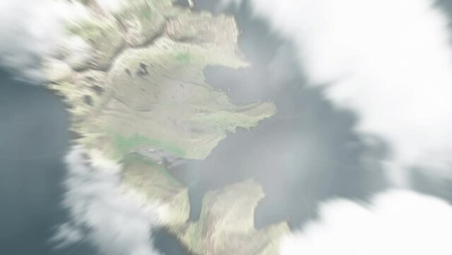 Earth zoom in from space to Porkeri, Faroe Islands. Followed by zoom out through clouds and atmosphere into space. Satellite view. Travel intro. Images from NASA