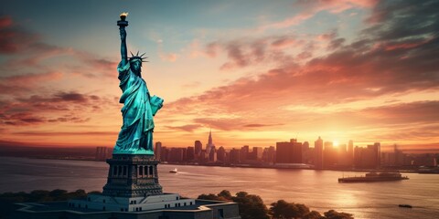 Statue of Liberty at sunset Generative AI - obrazy, fototapety, plakaty