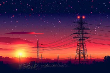 Amazing sunset silhouette of high voltage electric tower against orange sky background