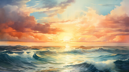 Naklejka na ściany i meble Watercolor illustration of ocean waves under a spectacular sunset sky painted with vivid colors.