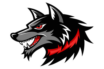 anthropomorphic black wolf with very long and bright red dog, Spiked collar, Profile Logo  Mascot, sticker