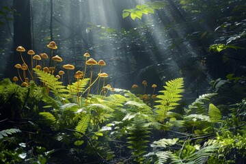 Fototapeta na wymiar Dense green foliage, delicate ferns, and mushrooms thriving in sunlight-filled forest setting, symbolizing renewal