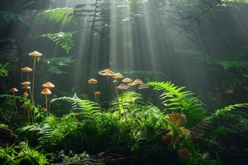 A forest filled with numerous green plants, including delicate ferns and mushrooms, illuminated by shafts of sunlight, symbolizing renewal and growth - obrazy, fototapety, plakaty
