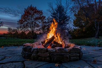 A fire pit blazing on top of a stone patio at night - Powered by Adobe