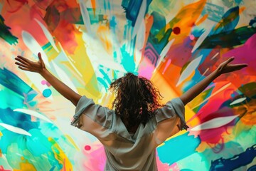A woman stands in front of a vibrant painting, admiring the colorful artwork with outstretched arms