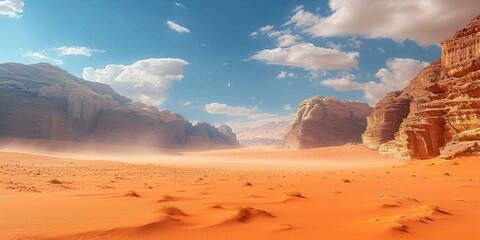 The Valley of the Moon in Jordan known as Wadi Rum desert has orange sand haze and clouds It is a...