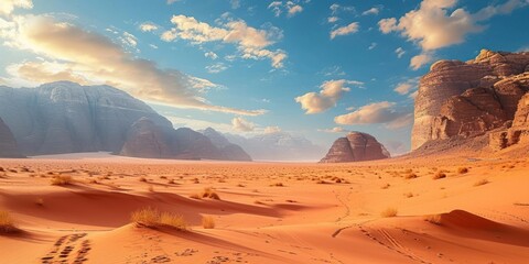 The Valley of the Moon in Jordan known as Wadi Rum desert has orange sand haze and clouds It is a...