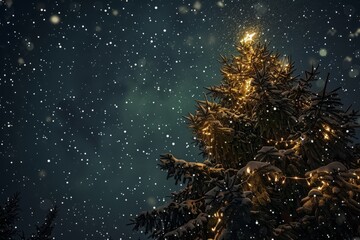 A Christmas tree with lights stands in the snow, illuminated against a dark sky with twinkling stars and falling snowflakes