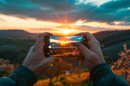 A person captures a sunset using their cell phone in a scenic landscape