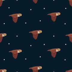 Seamless pattern cute funny owl with tilted leaned head in flight. Vector background illustration of cartoon forest night birds. - 772118814
