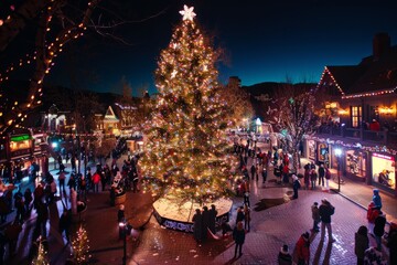 A festive scene in a city square where a sizable Christmas tree stands adorned with lights and ornaments, surrounded by joyful decorations