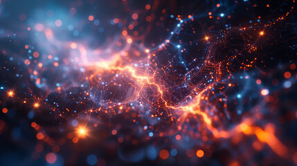 Obraz premium In an abstract visualization, the energetic movement of particles within a network space signifies dynamic data transfer and the intricate web of connectivity.