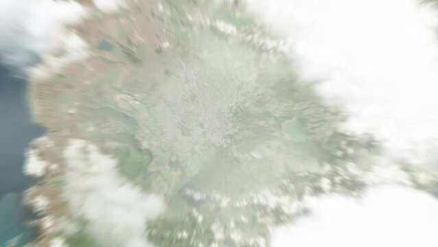 Earth zoom in from space to Curepipe, Mauritius. Followed by zoom out through clouds and atmosphere into space. Satellite view. Travel intro. Images from NASA
