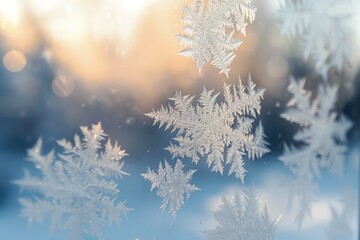Detailed view of a window covered in frost with snowflakes visible against a blurred background