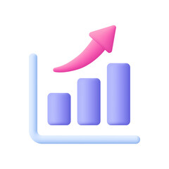Growth bar chart with columns and upward arrow, trading up. Financial stock market, data analysis and business concept. 3d vector icon. Cartoon minimal style.