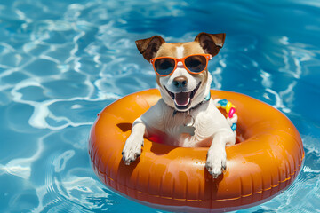 Happy dog with sunglasses and floating ring in summer vacation.