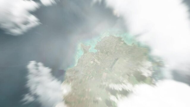 Earth zoom in from space to Grand Baie, Mauritius. Followed by zoom out through clouds and atmosphere into space. Satellite view. Travel intro. Images from NASA