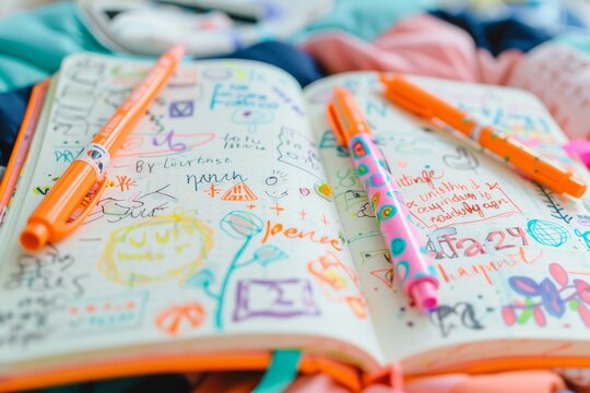 A close-up of a journal filled with colorful doodles, uplifting quotes, and expressions of gratitude. Two orange pens are next to it